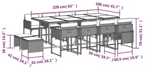 13 pcs conjunto jantar p/ jardim c/ almofadões vime PE castanho