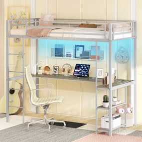 Cama alta 200 x 90 cm com secretária para crianças com estação de carregamento LED  de metal com corrimão e escada prata