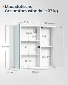 Armário de parede com espelho para casa de banho 15 x 60 x 55 cm, montagem sem ferramentas, , branco