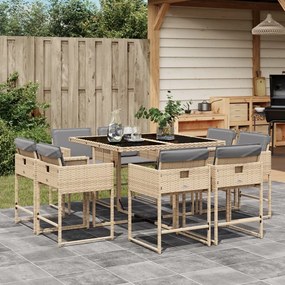 vidaXL 9 pcs conj. jantar jardim c/ almofadões vime PE bege misturado