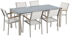 Conjunto de mesa com tampo em vidro preto 180 x 90 cm e 6 cadeiras brancas GROSSETO Beliani