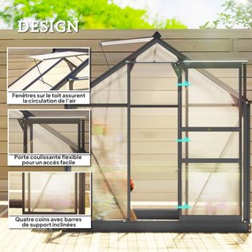 Estufa de jardim em policarbonato, 3,65 m², 190 x 192 x 201 cm, resistente aos raios UV, base reforçada, calha, cinzenta