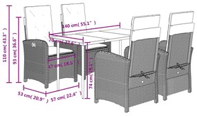 5 pcs conjunto de jantar p/ jardim c/ almofadões vime PE cinza