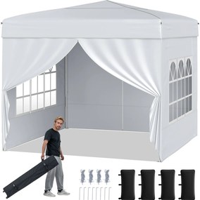 Tenda Pop up Dobrável 290 x 290 cm  4 x Sacos de areia e com 4 paredes laterais amovíveis e altura ajustável, feiras, eventos  Branca