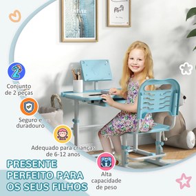 Conjunto de Secretária e Cadeira para Crianças com Altura Ajustável e Ângulo da Mesa Ajustável 80x49,5x82-104 cm Azul