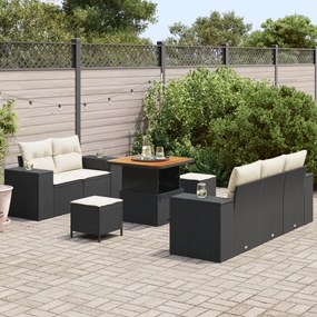 Conjunto de Sofá Jardim de 8 Peças com Almofadas Rattan Preto e Acácia
