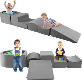 Conjunto de 5 peças para escalada e rampa para crianças Blocos de construção em esponja com piscina de bolas Cobertura lavável Criativa Cinzento