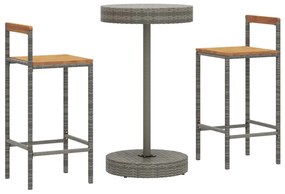 3 pcs conjunto de bar p/ jardim vime PE/acácia maciça cinzento