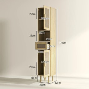Móvel de casa de banho 32 x 30 x 170 cm com coluna de arrumação, portas em rattan, gaveta e 2 armários, cor em carvalho