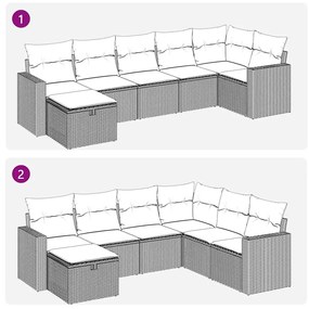 7 pcs conjunto de sofás p/ jardim c/ almofadões vime PE preto