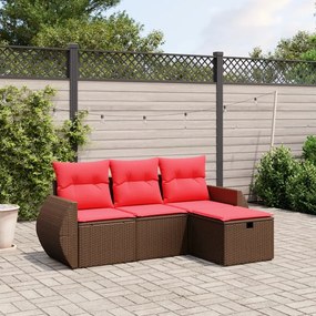 vidaXL 4 pcs conjunto sofás de jardim c/ almofadões vime PE castanho