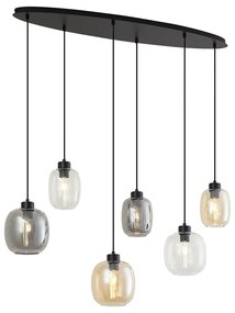 Candeeiro suspenso preto com vidro âmbar, fumê e transparente 6 luzes - Elena