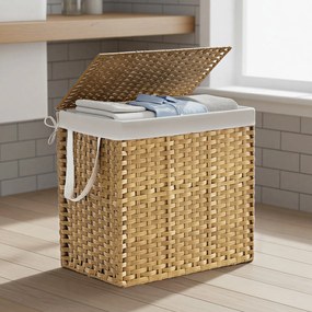 Cesto para roupa suja em rattan sintético 160L com 2 compartimentos 66 x 40 x 61 cm cor natural