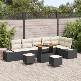Conjunto de Sofá de Jardim de 9 Peças com Almofadas em Rattan Preto e Acácia