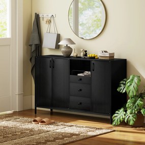 Aparador com 3 Portas e 3 Gavetas Prateleiras Ajustáveis para Cozinha, Entrada Sala de Jantar Quarto 143,5x40x90 cm Preto