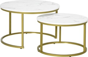 Conjunto de 2 mesas baixas encaixáveis, redondas, com tampo com efeito mármore e pés em aço, Ø 74 x 46,3 cm, branco dourado