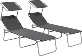 Outsunny Conjunto 2 Espreguiçadeiras de Jardim Dobráveis com Toldo Regulável, em Tecido Oxford e Metal, 187x58x36 cm, Cinza | Aosom Portugal