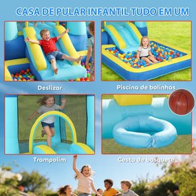 Castelo Insuflável para Crianças com Insuflador, Escorrega, Cama Elástica, Piscina e Aro de Basquetebol para Crianças dos 3 aos 8 Anos, Azul