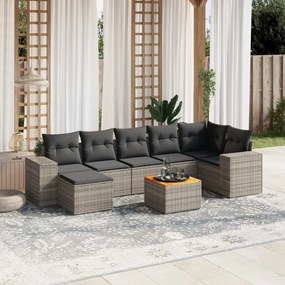8 pcs conjunto sofás de jardim c/ almofadões vime PE cinzento