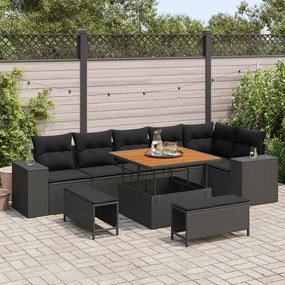 Conjunto de Sofá de Jardim de 9 Peças com Almofadas Rattan Preto Acácia