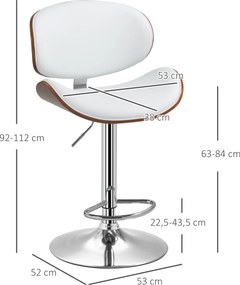 Conjunto de 2 cadeiras de bar com banco regulável em altura, revestimento sintético, 53 x 52 x 92-112 cm, branco