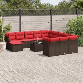 vidaXL 13 pcs conjunto sofás p/ jardim c/ almofadões vime PE castanho