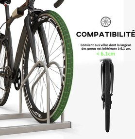 Suporte para 2 bicicletas, suporte de armazenamento para bicicletas com pneus de 61 mm, dimensões: 50 x 34 x 27,5 cm, em aço prateado