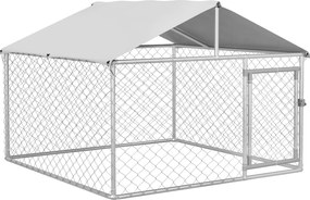 PawHut Canil de Exterior para Cães Médios 200x200x150 cm Gaiola para Cães com Fechadura Toldo Impermeável e Anti-UV Prata | Aosom Portugal