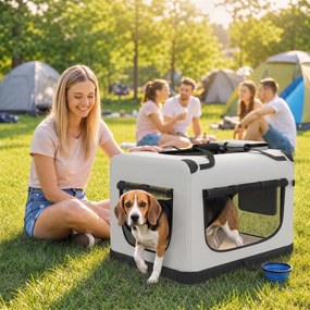 Transportadora Macia para Cães de Pequeno e Médio Porte Dobrável com Tigela em Tecido Oxford Cinza Claro