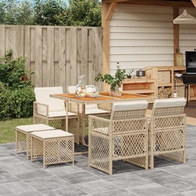 vidaXL 9 pcs conjunto de jantar p/ jardim com almofadões vime PE bege