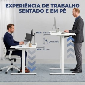 Secretária Elevatória com Memória, Mesa Regulável em Altura com 2 Passa-cabos e Ecrã LED, Branco