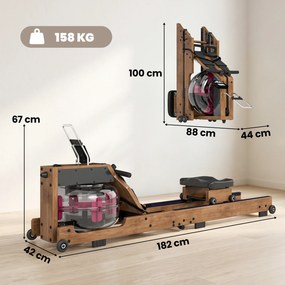 Máquina de Remo de Água Dobrável para Apartamento, 182 x 42 x 67 cm, Ligação Bluetooth, cor Carvalho
