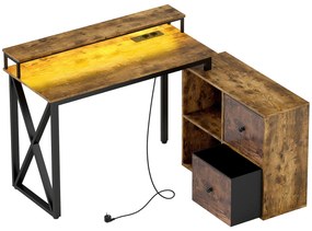 HOMCOM Secretária de Canto com Luzes LED Estação de Carga Gavetas de Tela Controlo Remoto Suporte para Monitor 130x110x91 cm Castanho Rústico