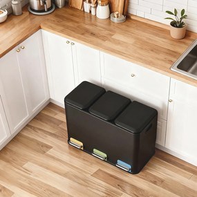 Caixote de lixo 60,5 x 38,8 x 42,7 cm com 3 baldes internos de 15 litros, com pedal em aço Preto