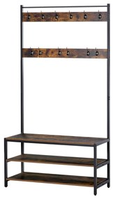 HOMCOM Cabide Sapateira Industrial 12 Ganchos Banco 3 Prateleiras 100x40x184 cm Castanho Rústico Preto