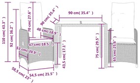 3 pcs conjunto bistrô de jardim c/ almofadões vime PE castanho
