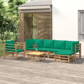 7 pcs conjunto lounge de jardim bambu c/ almofadões verdes