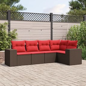 vidaXL 5 pcs conjunto sofás p/ jardim c/ almofadões vime PE castanho