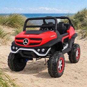 Carro elétrico para Crianças 2 Lugares Mercedes BENZ UNIMOG 12V 4x4 Rodas Espuma EVA, Assento couro ecológico Vermelho