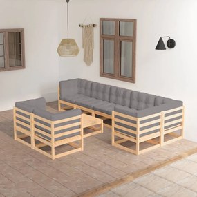 9 pcs conjunto lounge de jardim c/ almofadões pinho maciço
