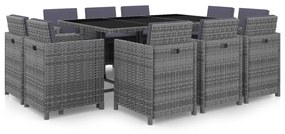 vidaXL 11 pcs conjunto jantar exterior c/ almofadões vime PE cinzento
