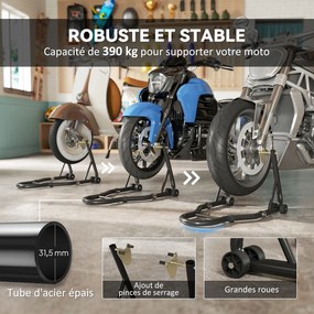 Suporte para roda dianteira e traseira com capacidade para 390 kg; suporte de oficina para motos com braço ajustável em aço, garfo em forma de U + L,