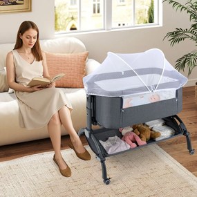 Berço 2 em 1 para bebés com altura ajustável, 4 rodas, rede mosquiteira e cesto de arrumação para bebés dos 0 aos 6 meses, 95 x 65 x 70-82 cm, Cinzent