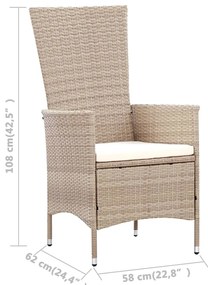 7 pcs conjunto jantar exterior com almofadões vime PE bege
