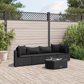 5 pcs conjunto sofás de jardim com almofadões vime PE preto