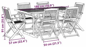 7 pcs conj. de jantar para jardim 180x90x75 cm acácia maciça