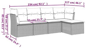 5 pcs conj. sofás jardim c/ almofadões vime PE cinzento-claro