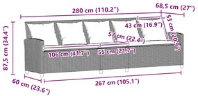 Sofá de jardim de 5 lugares c/ almofadões vime PE cinza-claro