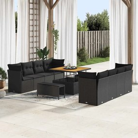 Conjunto de Sofá de Jardim vidaXL com Almofadas Pretas Rattan PE Acacia