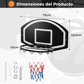 Conjunto de cesto de basquetebol montar na parede com tabela inquebrável 72 x 45,5 cm Rede Acessórios completos Preto